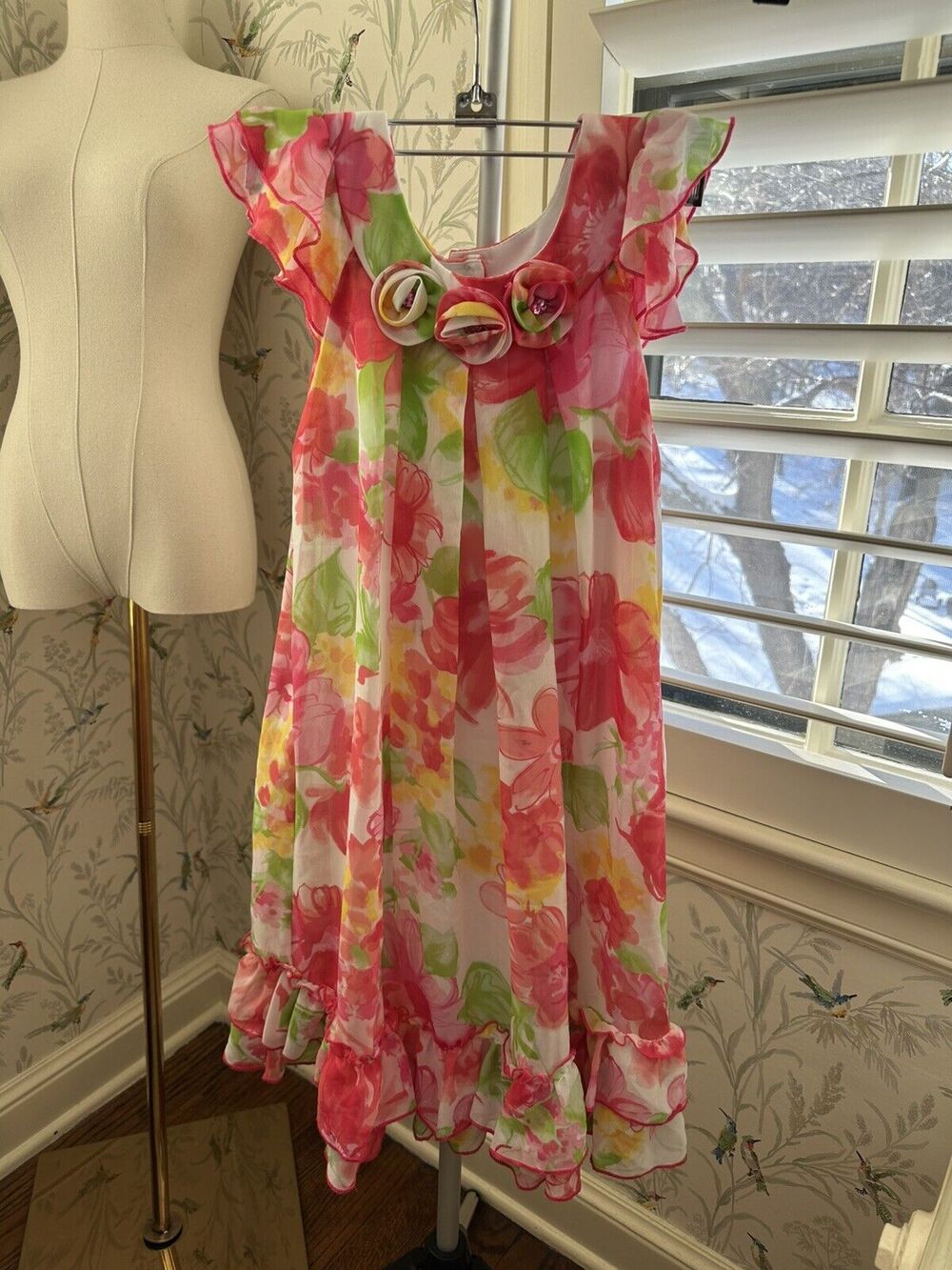 Jona Michelle Girls Summer Sun Dress Party Lined Pink/green White Size 8